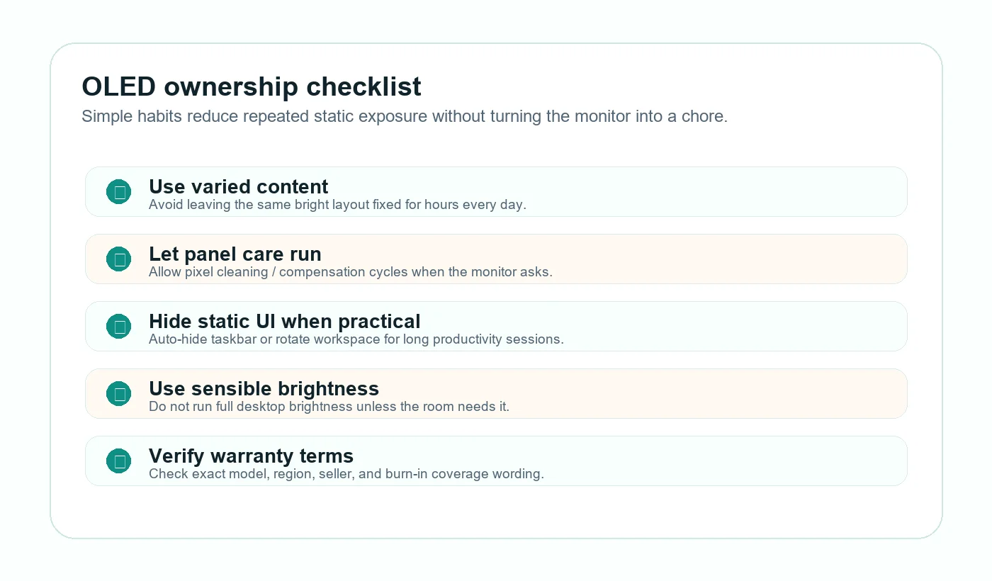 OLED ownership checklist for varied content, panel care, static UI, brightness, and warranty checks.